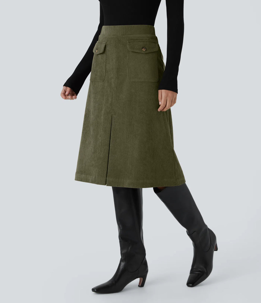 Mid Rise Front Side Flap Pocket Midi Corduroy Casual Skirt