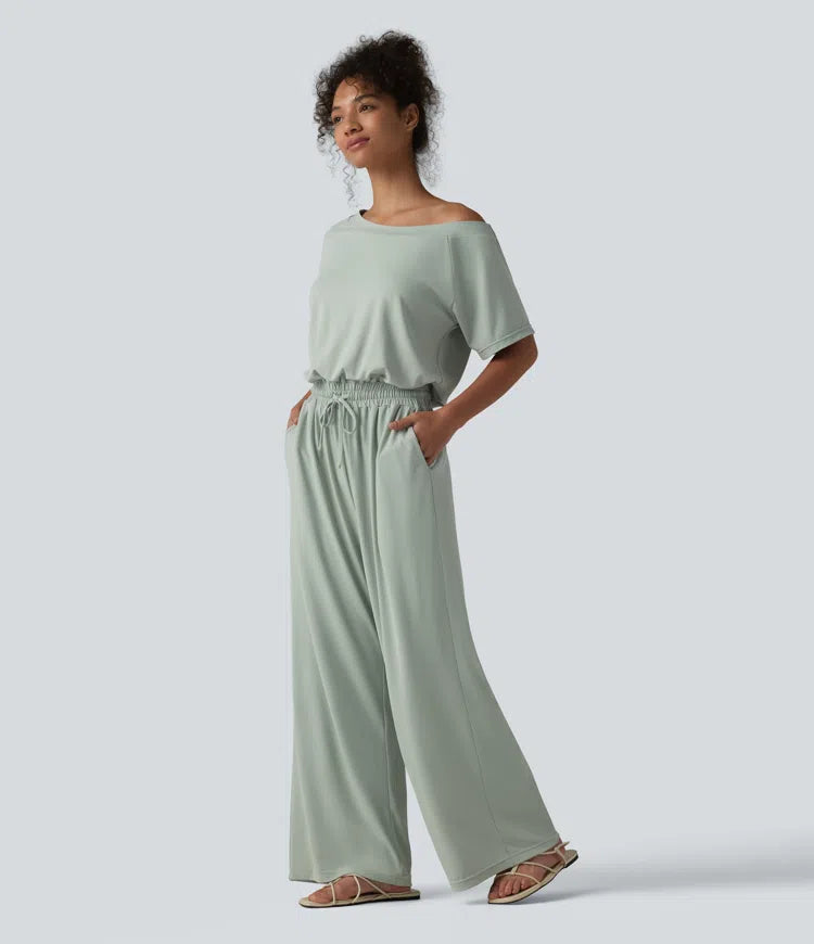 Boat Neck Short Sleeve Drawstring Baggy Casual Jumpsuit with Pockets-Easy Peezy Edition