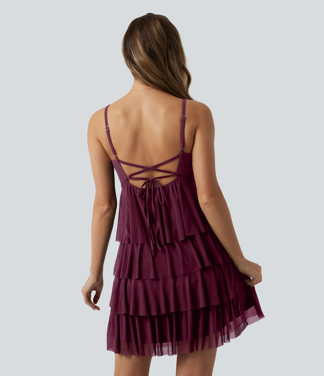 Crisscross Backless Mesh Overlay Built-in Bra Mini Casual Tiered Slip Dress with Pockets