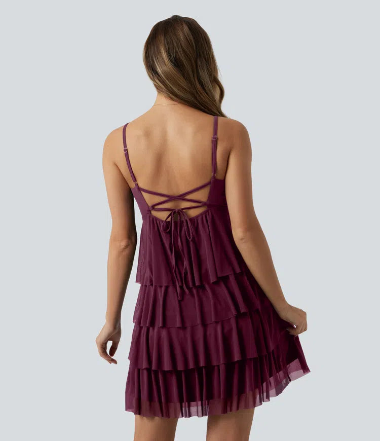 Crisscross Backless Mesh Overlay Built-in Bra Mini Casual Tiered Slip Dress with Pockets