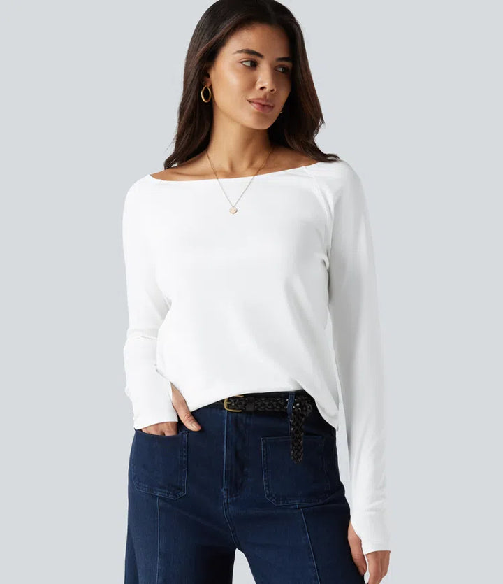 Boat Neck Long Sleeve Thumb Hole Casual Pima Cotton T-Shirt
