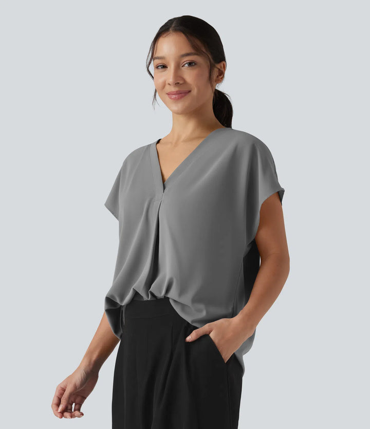 Wrinkle Recovery V-neck Short Sleeve Oversized Work Blouse