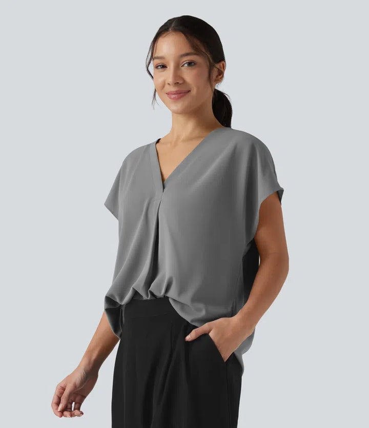 Wrinkle Recovery V-neck Short Sleeve Oversized Work Blouse