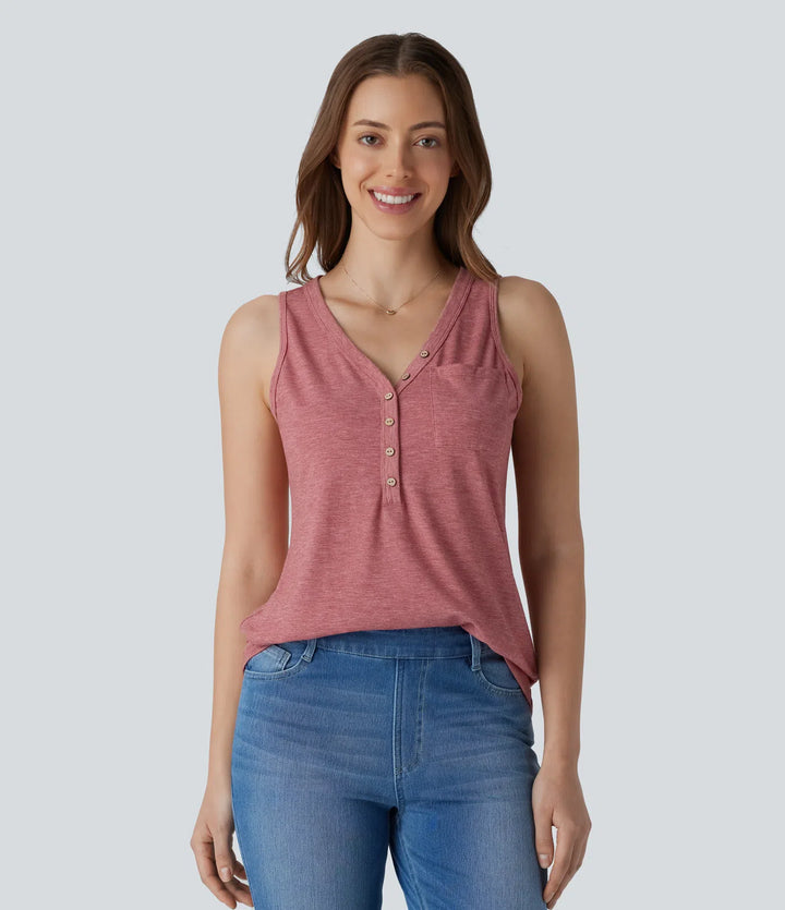 V Neck Sleeveless Decorative Casual Top