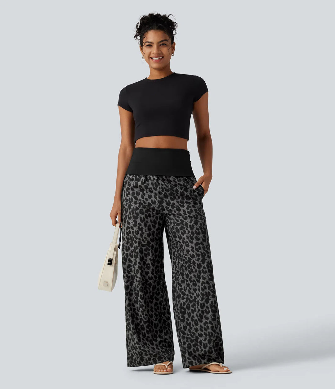 Foldover High Waisted Ruched Drawstring Baggy Leopard Print Casual Pants with Pockets
