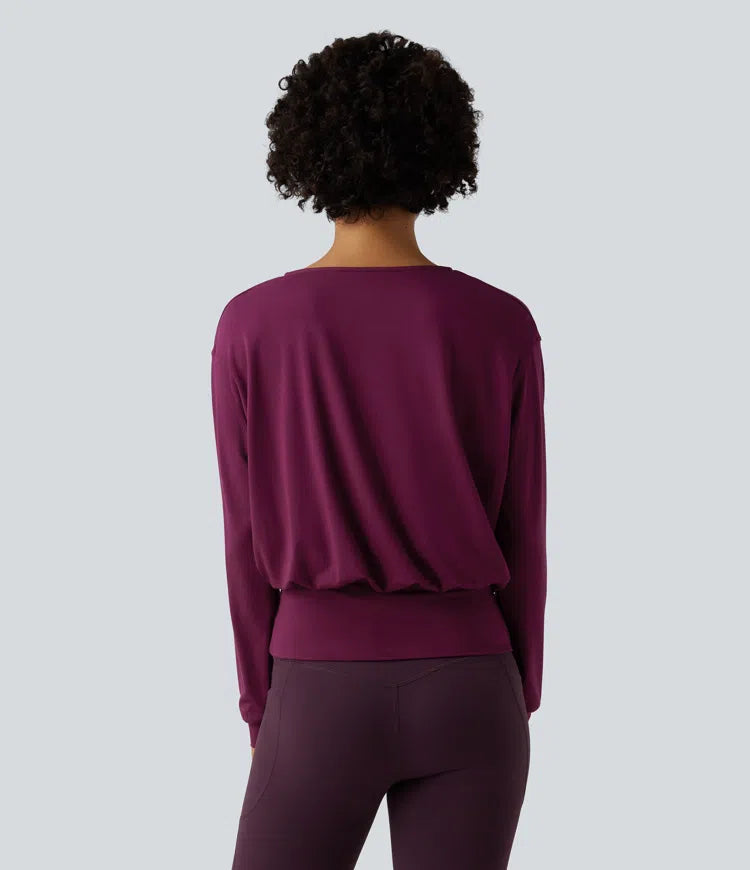 V Neck Crossover Long Sleeve Work Blouse
