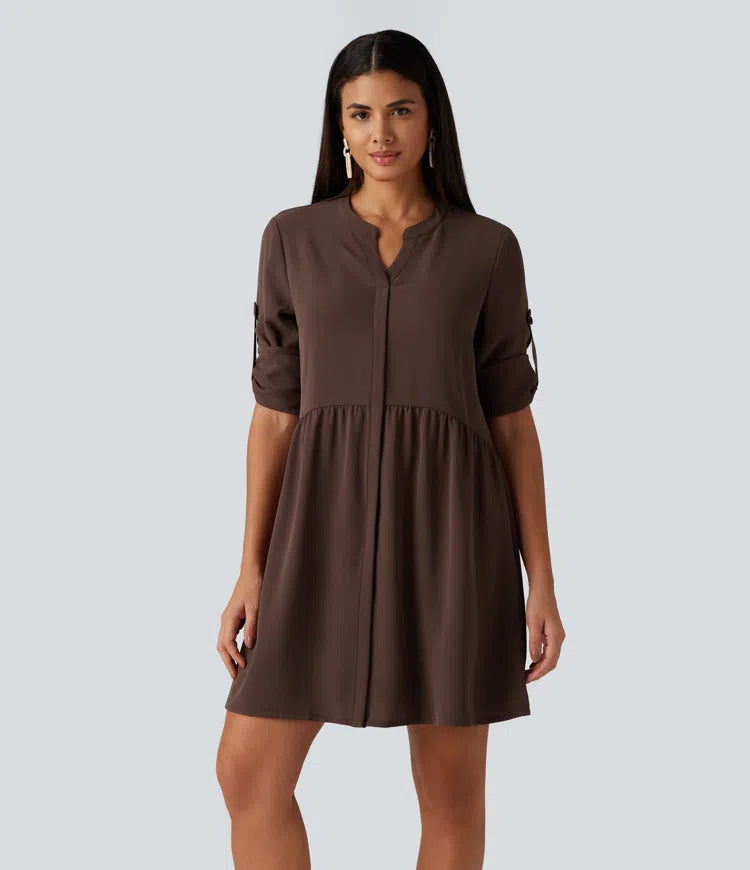 Notched Collar Long Sleeve Mini Casual Shirt Dress with Pockets