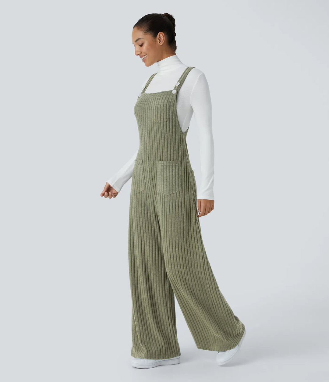 Ribbed Knit Pockets Casual Overalls