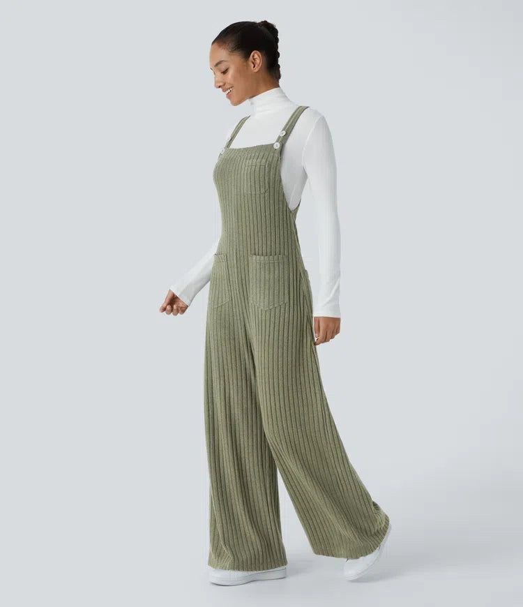 Ribbed Knit Pockets Casual Overalls