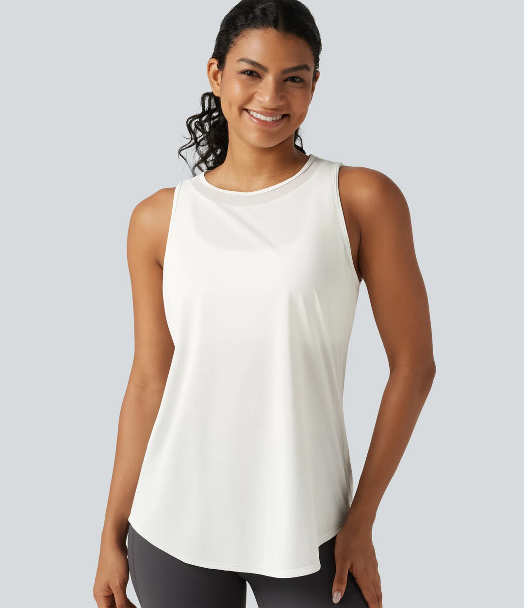 Contrast Mesh Curved Hem Running Tank Top-Longer Length