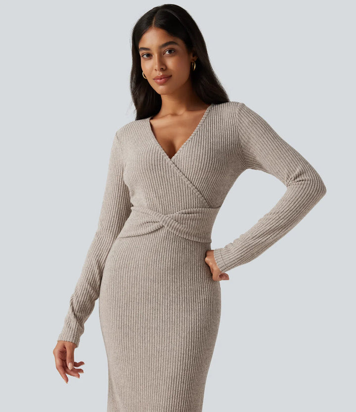 Ribbed Knit V Neck Long Sleeve Bodycon Midi Casual Dress