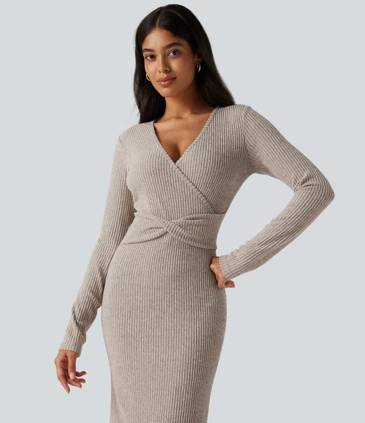 Ribbed Knit V Neck Long Sleeve Bodycon Midi Casual Dress