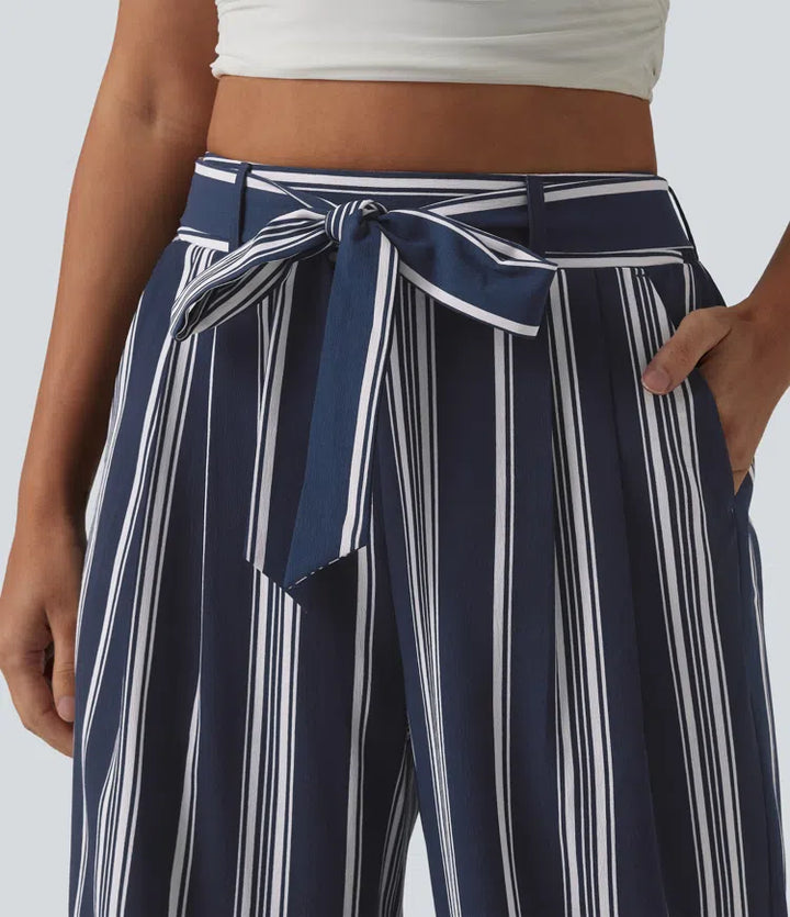 High Waisted Belted Stripes Resort Baggy Pants with Pockets