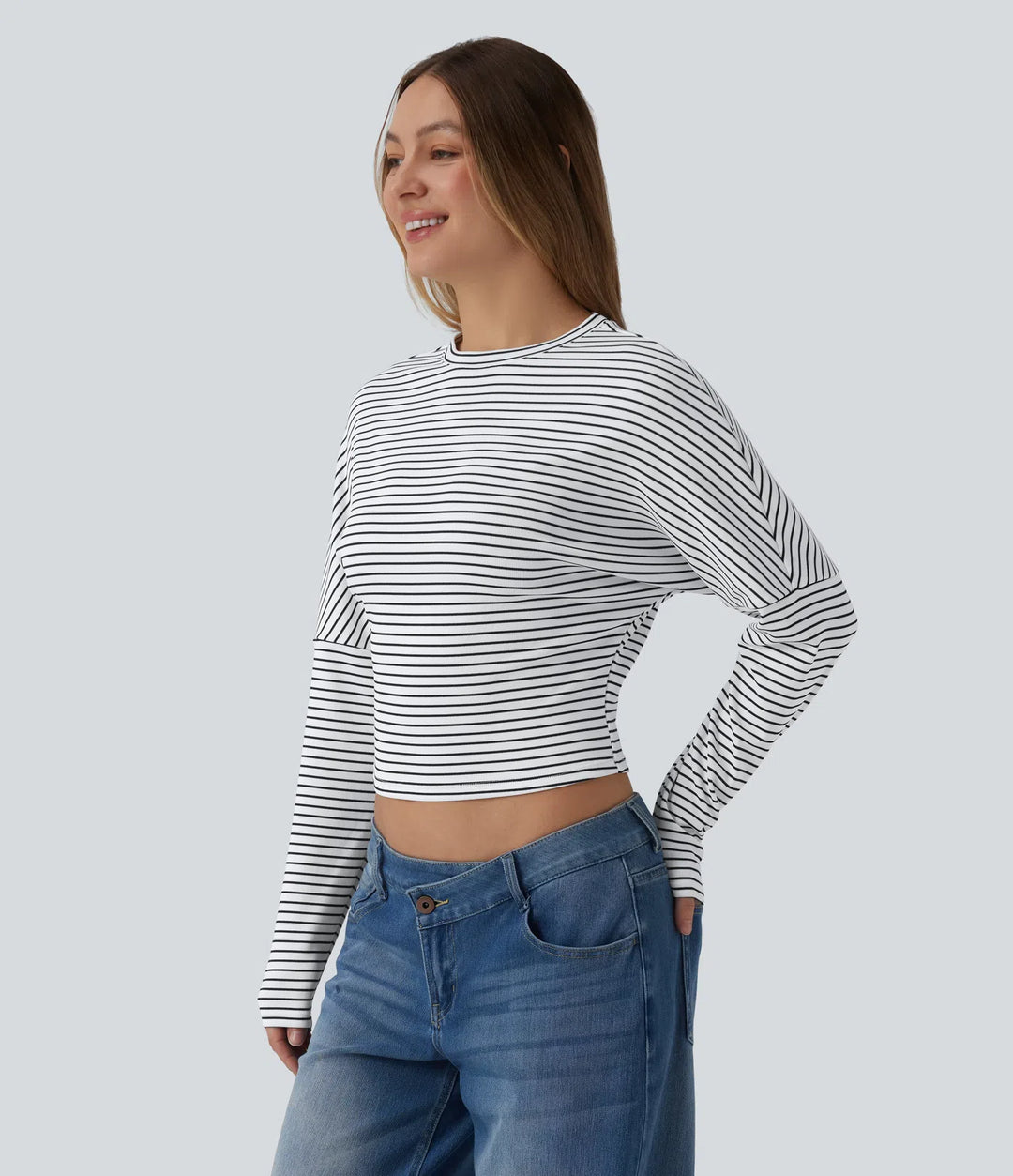 Ribbed Knit Round Neck Long Sleeve Stripes Casual Top