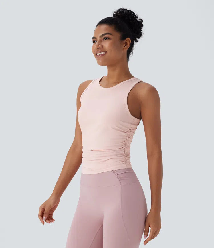 Round Neck Racerback Ruched Yoga Tank Top