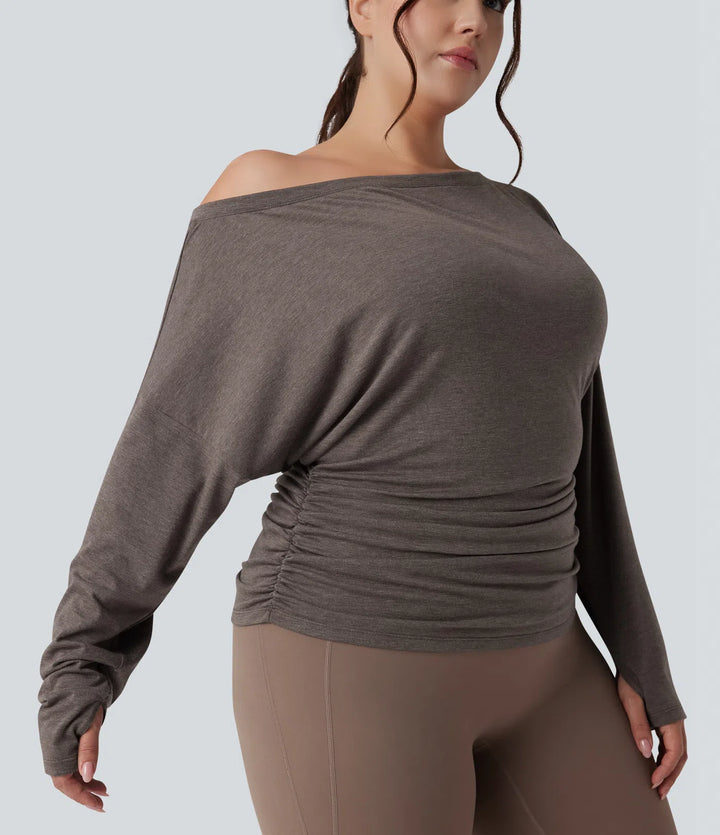 Plus Size One Shoulder Long Sleeve Thumb Hole Ruched Yoga Sports Top