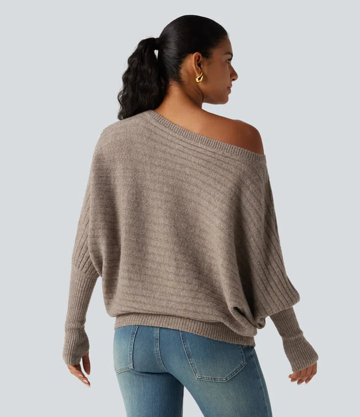 Boat Neck Batwing Long Sleeve Thumb Hole Casual Wool-Blend Sweater