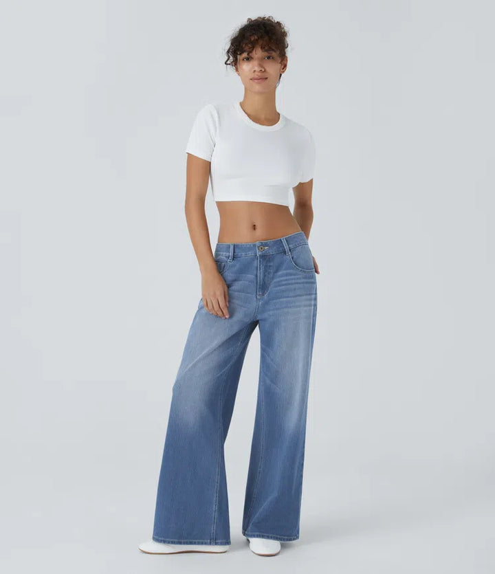 Halara Flex Low Rise Zipper Pockets Washed Baggy Wide Leg Casual Jeans