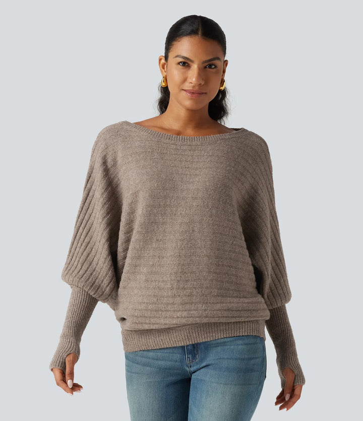 Boat Neck Batwing Long Sleeve Thumb Hole Casual Wool-Blend Sweater