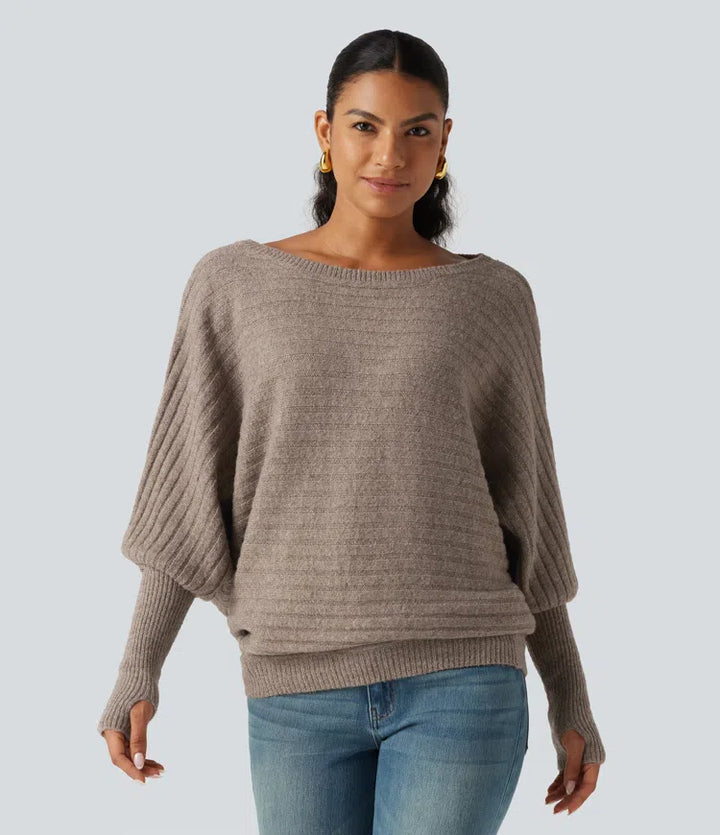 Boat Neck Batwing Long Sleeve Thumb Hole Casual Wool-Blend Sweater