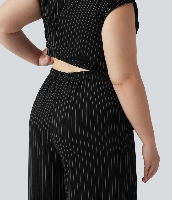 Plus Size Boat Neck Sleeveless Tie Side InstantCool Stripe Work Jumpsuit with Pockets-Easy Peezy Edition