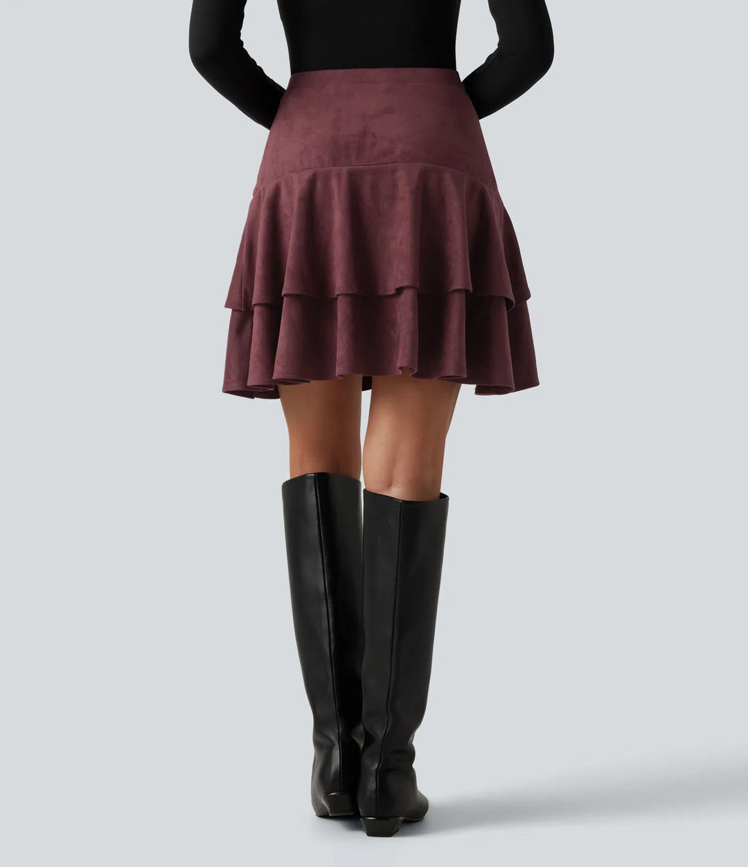 High Waisted Tiered Ruffle Hem 2-in-1 Longer Mini Suede Casual Skirt with Pocket