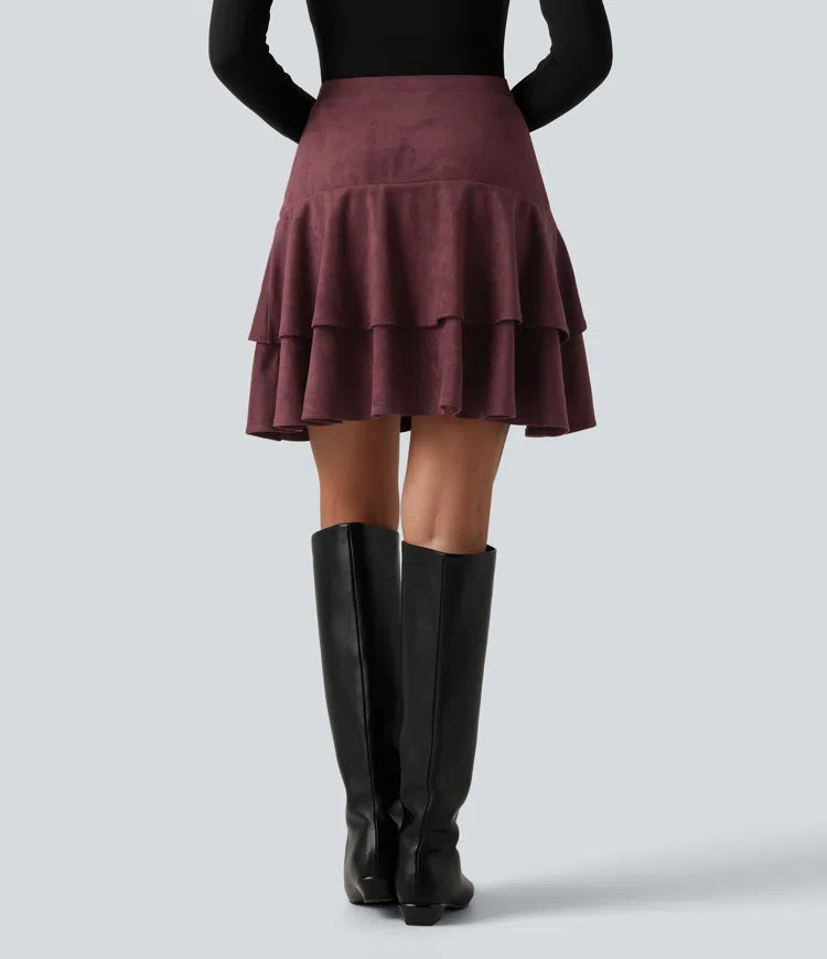 High Waisted Tiered Ruffle Hem 2-in-1 Longer Mini Suede Casual Skirt with Pocket