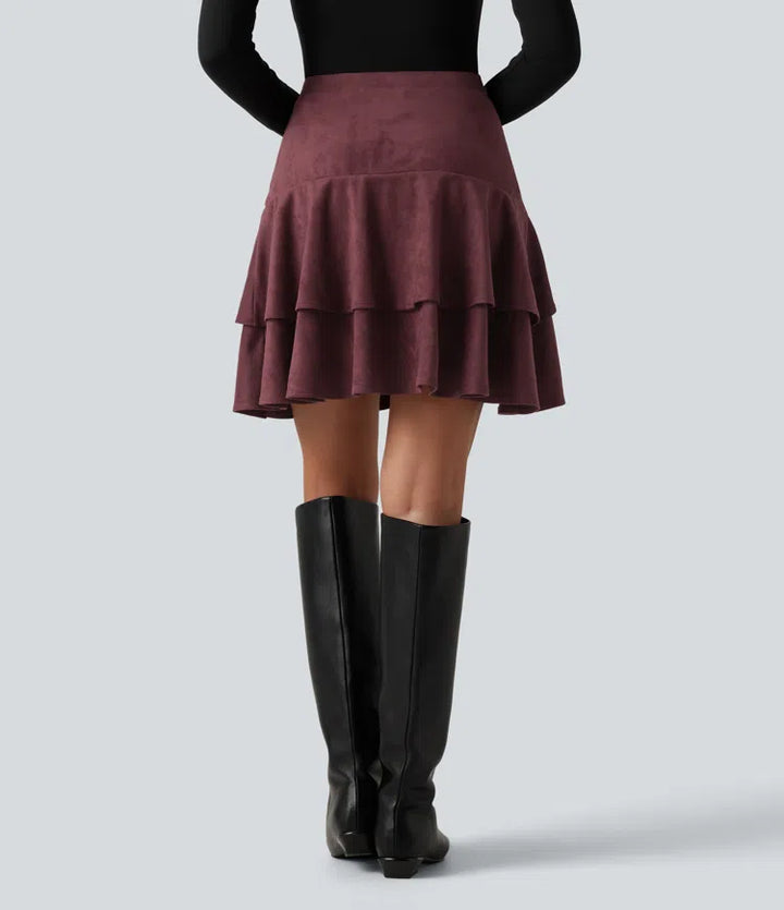 High Waisted Tiered Ruffle Hem 2-in-1 Longer Mini Suede Casual Skirt with Pocket
