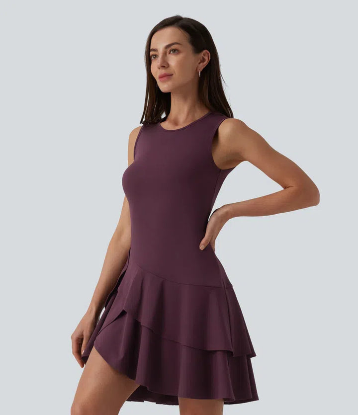 SoftlyZero Airy Round Neck Sleeveless Layered Ruffle Hem InstantCool Mini Casual Dress