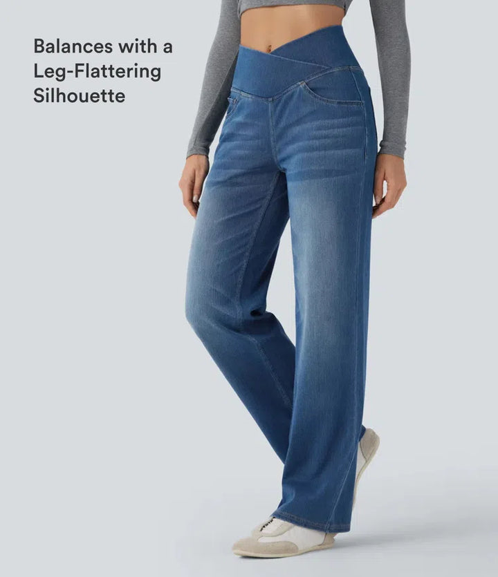 Halara Flex Crossover High Waisted Tummy Control Casual Straight Leg Jeans with Pockets
