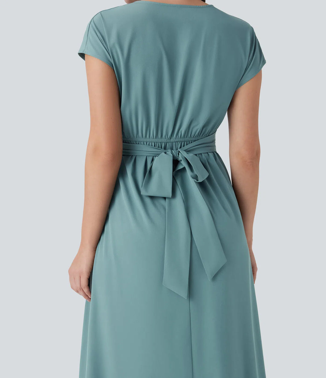 Breezeful V Neck Short Sleeve Pocket Tie Back Quick Dry Midi Casual Dress