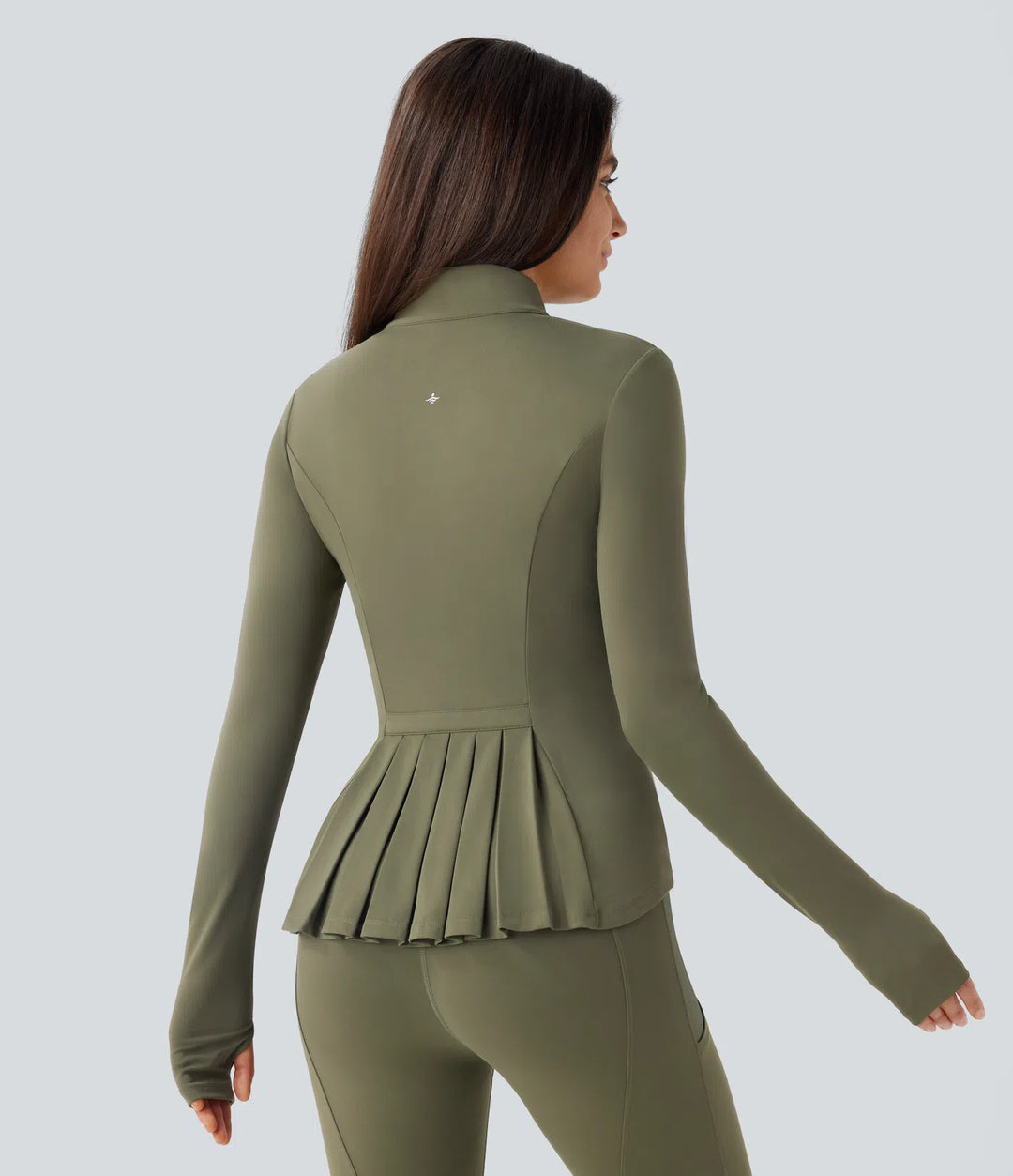 SoftlyZero Stand Collar Thumb Hole Pockets Pleated Zipper Slim Jacket