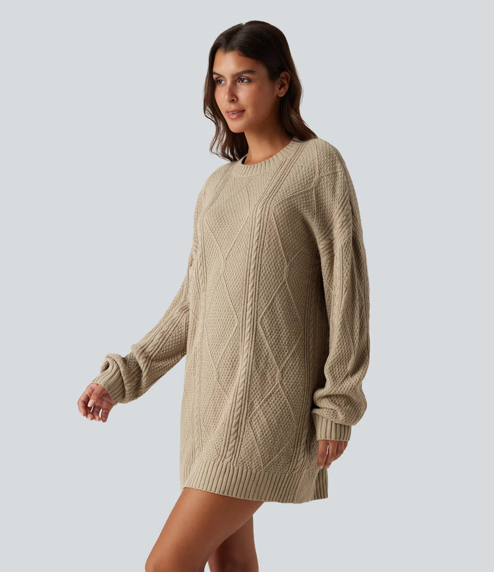 Round Neck Long Sleeve Cable Knit Mini Casual Sweater Dress