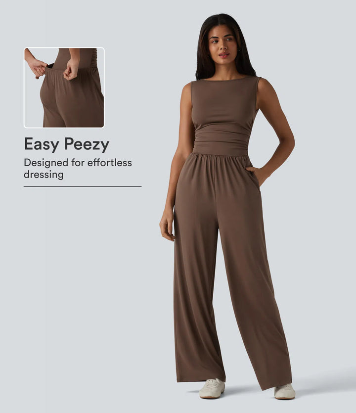 Boat Neck Sleeveless Ruched Wide Leg Casual Jumpsuit with Pockets-Easy Peezy Edition