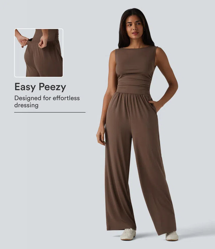 Boat Neck Sleeveless Ruched Wide Leg Casual Jumpsuit with Pockets-Easy Peezy Edition