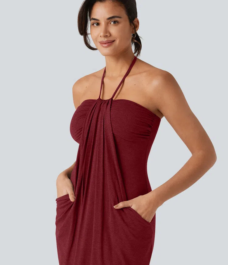 Halter Tie Back Mini Resort Dress with Pockets