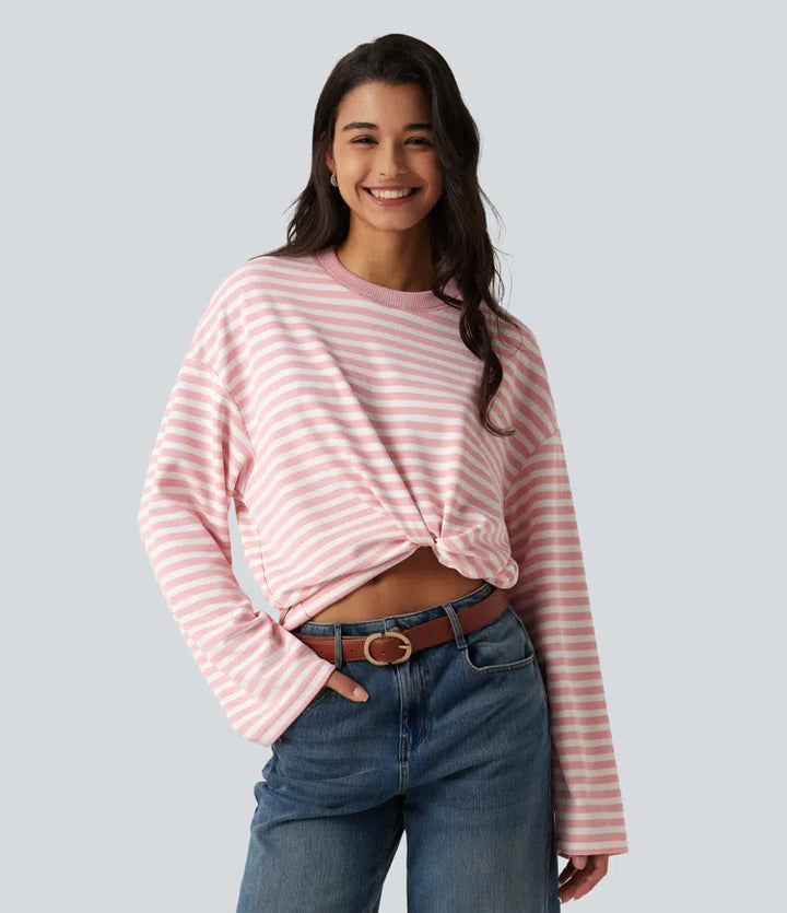 Round Neck Long Sleeve Stripe Waffle Casual Top