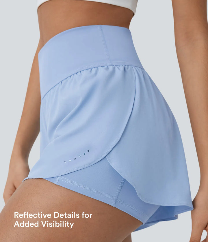 SoftlyZero QuickDry High Waisted Tummy Control Reflective Dots Crossover Hem 2-in-1 Running Shorts 3&