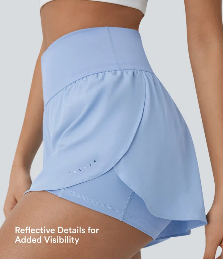 SoftlyZero QuickDry High Waisted Tummy Control Reflective Dots Crossover Hem 2-in-1 Running Shorts 3&