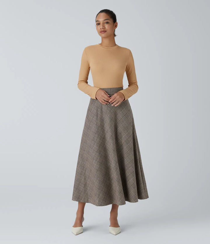 High Waisted Pocket Houndstooth Plaid Flare Midi Casual Skirt