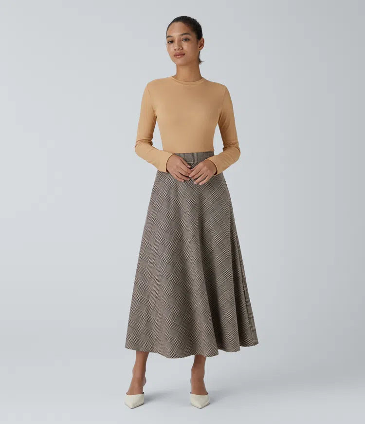 High Waisted Pocket Houndstooth Plaid Flare Midi Casual Skirt