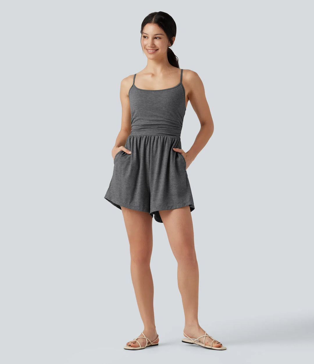 Built-in Bra Ruched 2-in-1 Heathered Casual Romper with Pockets-Easy Peezy Edition