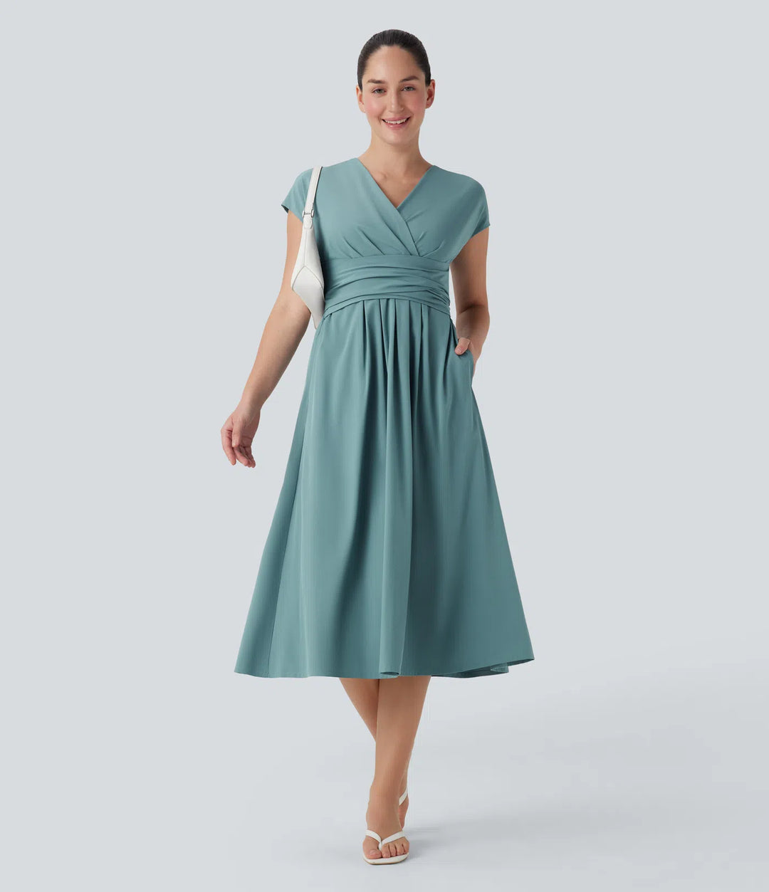 Breezeful V Neck Short Sleeve Pocket Tie Back Quick Dry Midi Casual Dress