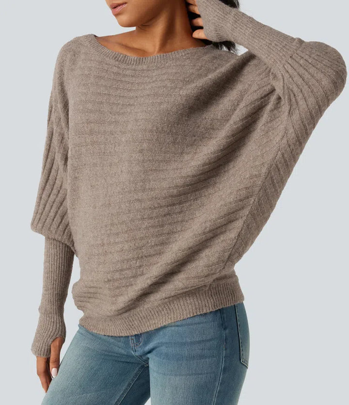 Boat Neck Batwing Long Sleeve Thumb Hole Casual Wool-Blend Sweater