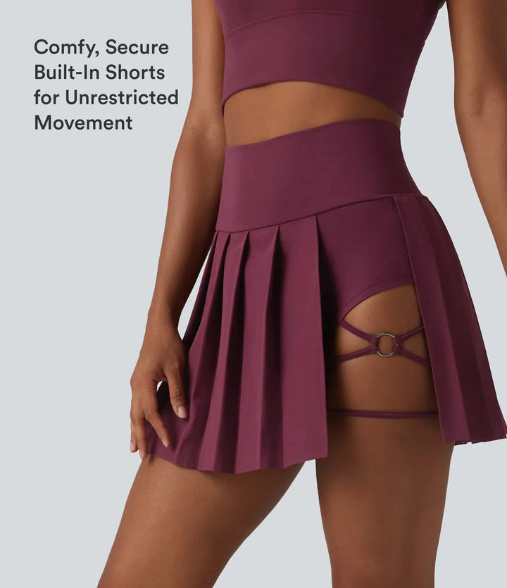 Breezeful High Waisted Pleated 2-in-1 Asymmetric Hem Quick Dry Mini Dance Skirt with Pockets-Longer Length