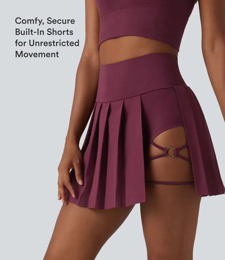 Breezeful High Waisted Pleated 2-in-1 Asymmetric Hem Quick Dry Mini Dance Skirt with Pockets-Longer Length