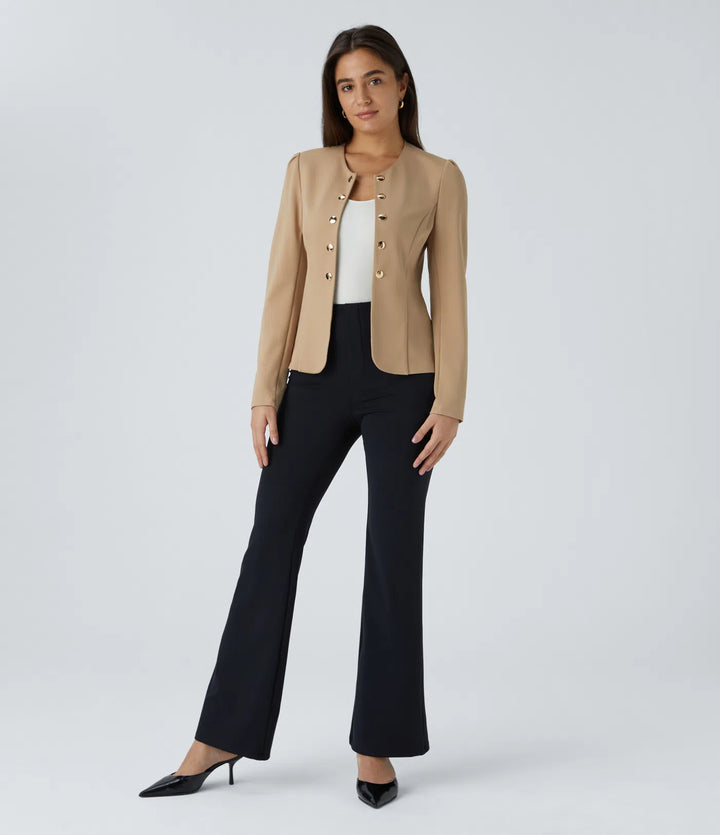 Round Neck Long Sleeve Decorative Button Slim Work Blazer