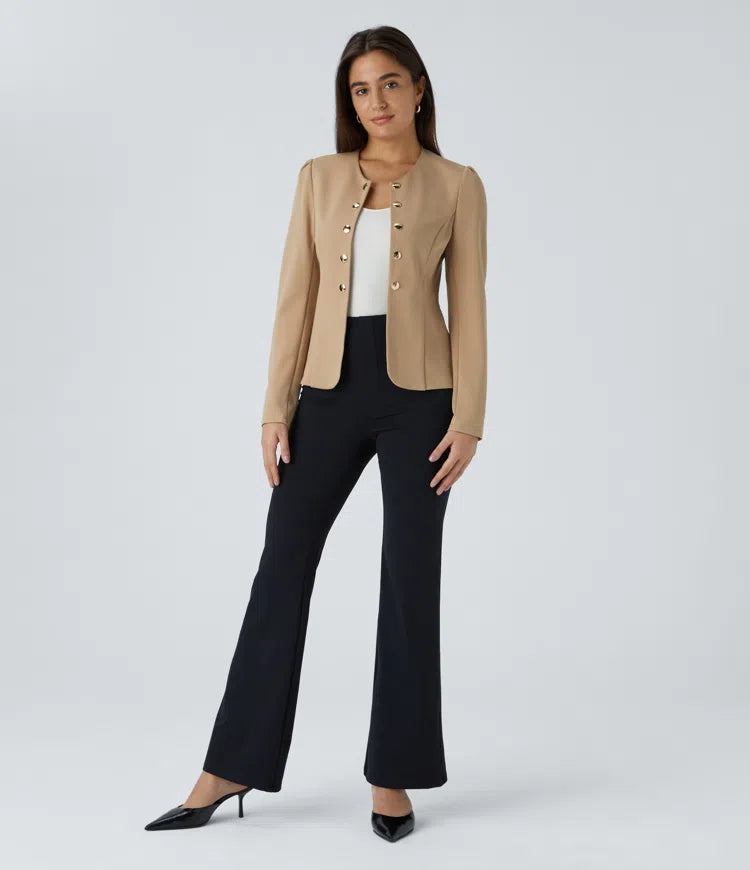 Round Neck Long Sleeve Decorative Button Slim Work Blazer