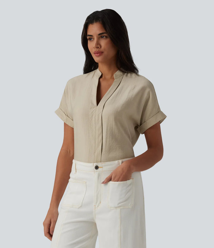 V Neck Short Sleeve Linen-Feel Work Shirt