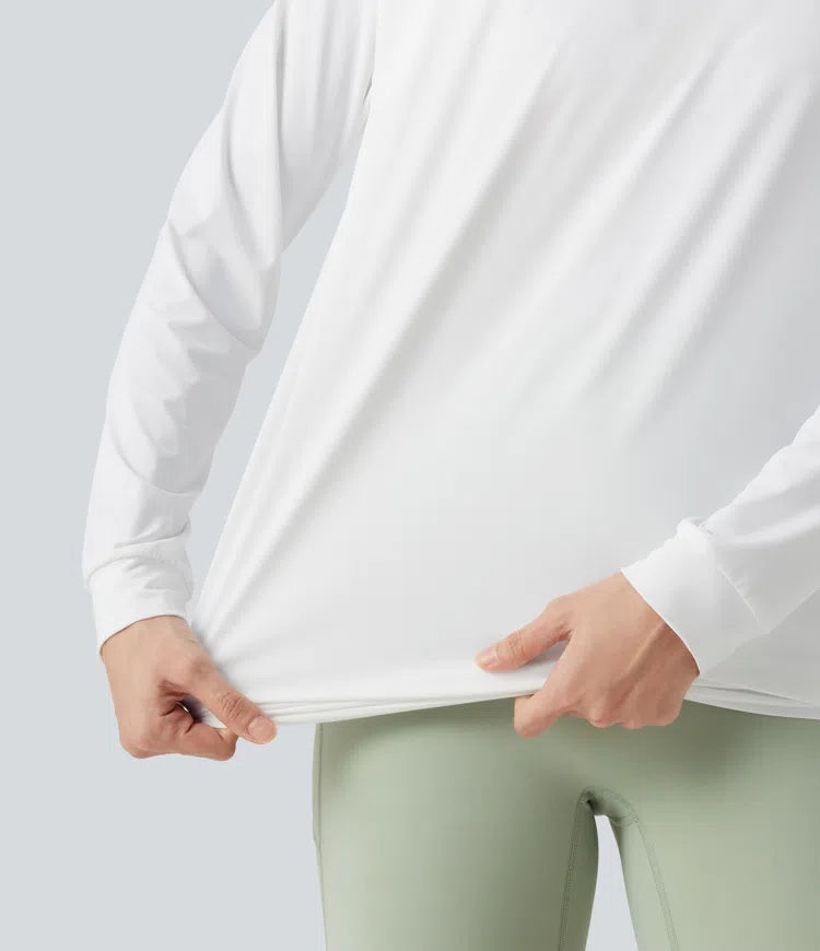 Round Neck Long Sleeve Ruched InstantCool Yoga Sports Top-Longer Length-UPF50+